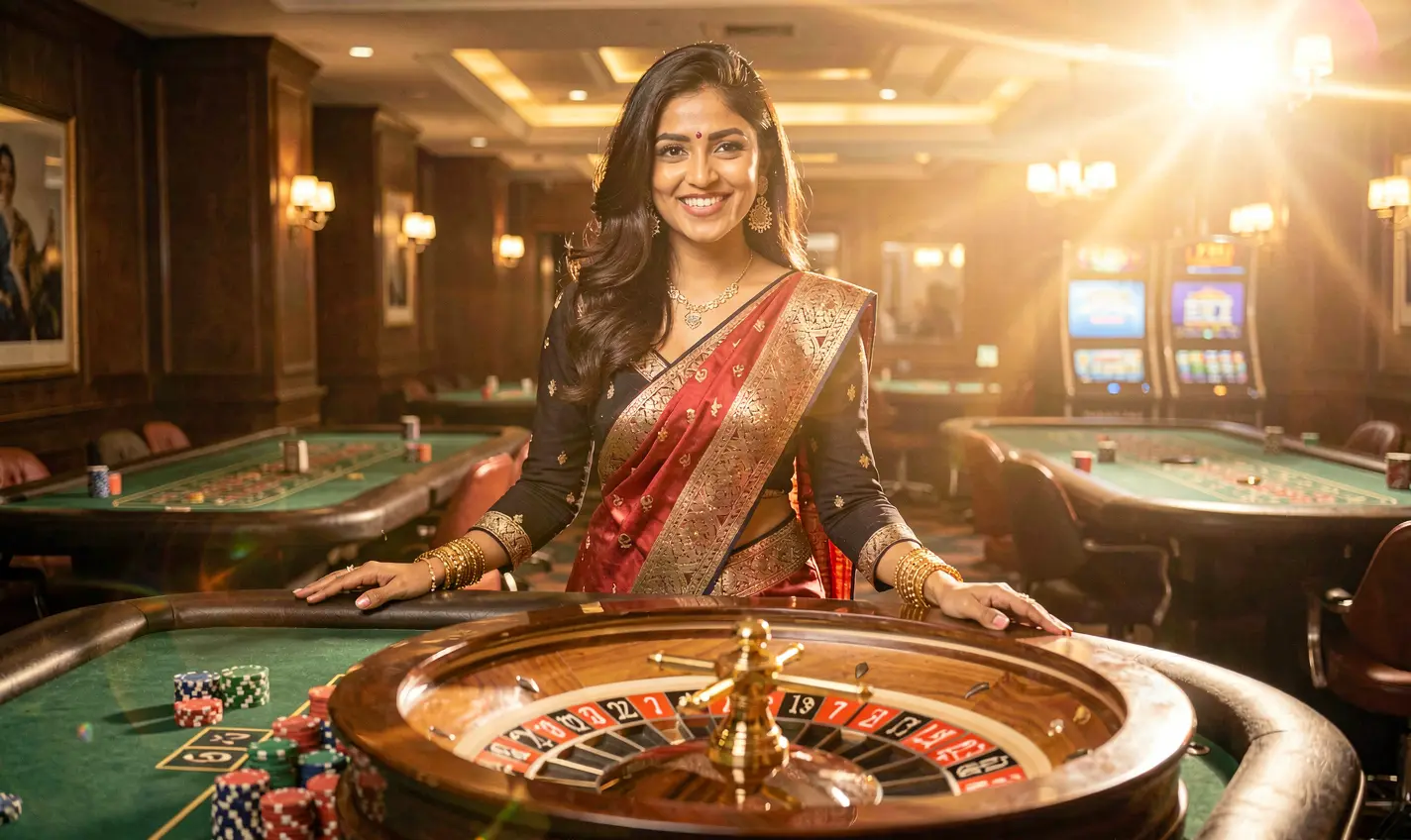 Professional casino dealer in a red dress standing at a roulette table with glowing lights representing the premium live casino experience at 188TK for Bangladesh