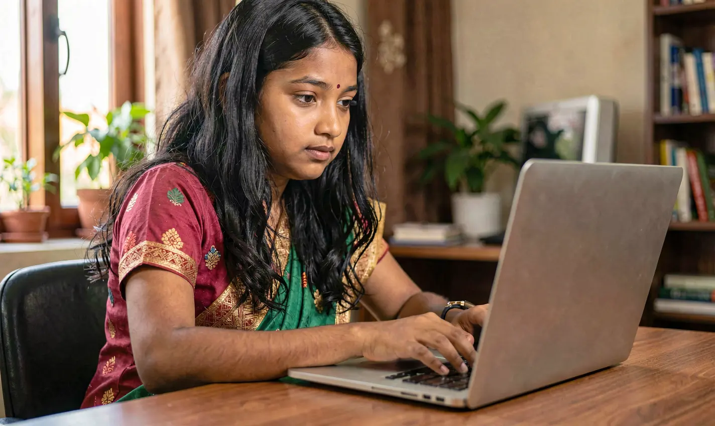 A focused Bangladeshi woman playing colorful online casino games on a laptop with vibrant graphics displayed while using the 188TK gaming platform
