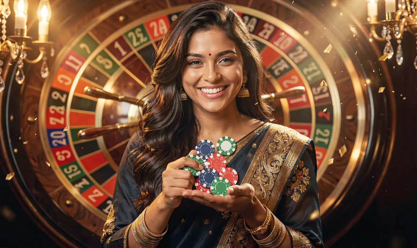 Elegant casino scene with a confident woman holding chips in front of a roulette wheel showcasing the luxury gaming environment of 188TK for players in Bangladesh