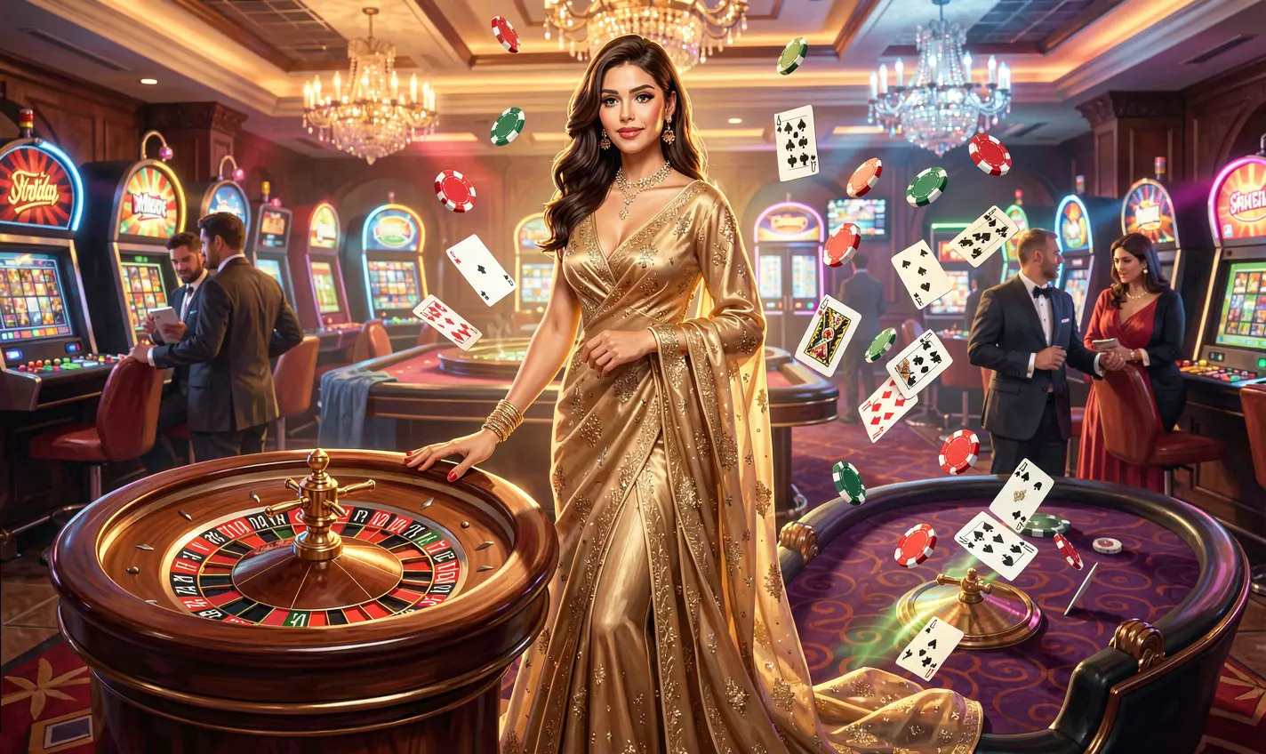Elegant casino scene with a luxury golden gown model near a roulette wheel surrounded by poker chips and cards reflecting the premium gaming atmosphere of 188TK Casino in Bangladesh